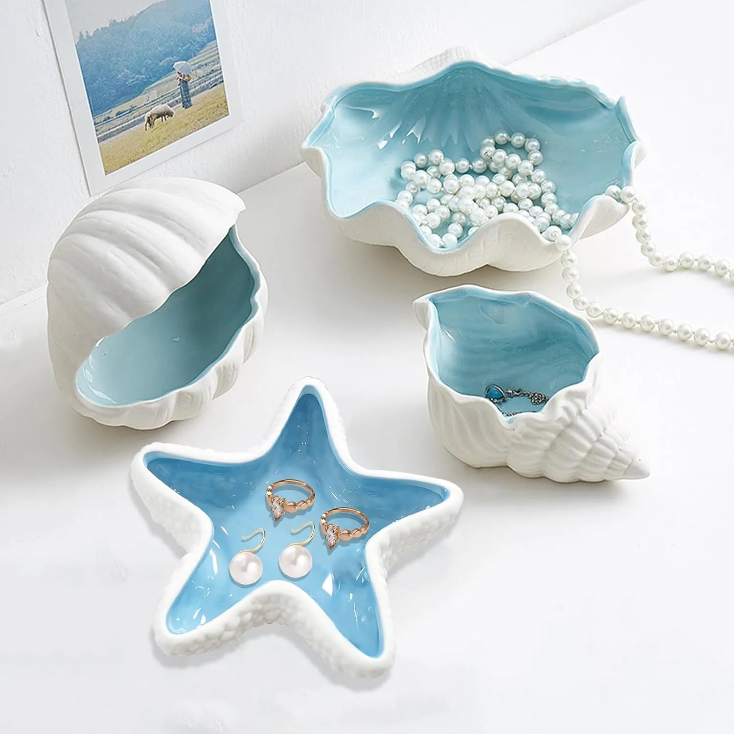 Ceramic Starfish Jewelry Dish Tray Blue Trinket Dish Ocean Coastal Decor Jewelry Tray Jewelry Plate Decorative Tray Ring Holder for Jewelry Birthday Party Christmas Home Room Beach Decor