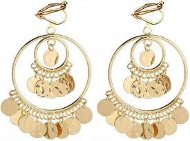 Clip On Boho Disc Tassel Long Dangle Drop Earrings for Women Non Pierced Ear Fake Stud Fashion Round Coin Hollow Circle Moon Shaped Big Dangling Hypoallergenic Jewelry Christmas Gift