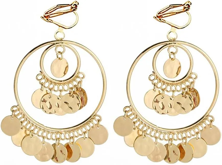 Clip On Boho Disc Tassel Long Dangle Drop Earrings for Women Non Pierced Ear Fake Stud Fashion Round Coin Hollow Circle Moon Shaped Big Dangling Hypoallergenic Jewelry Christmas Gift