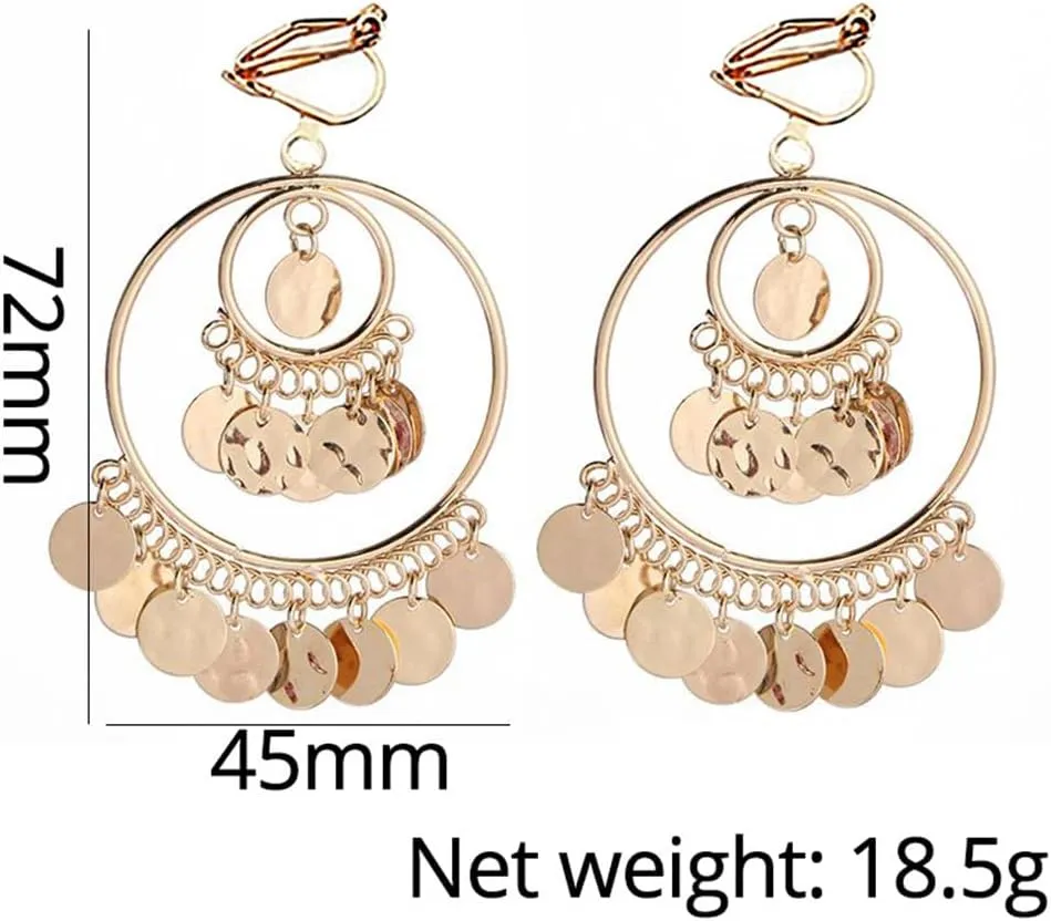 Clip On Boho Disc Tassel Long Dangle Drop Earrings for Women Non Pierced Ear Fake Stud Fashion Round Coin Hollow Circle Moon Shaped Big Dangling Hypoallergenic Jewelry Christmas Gift