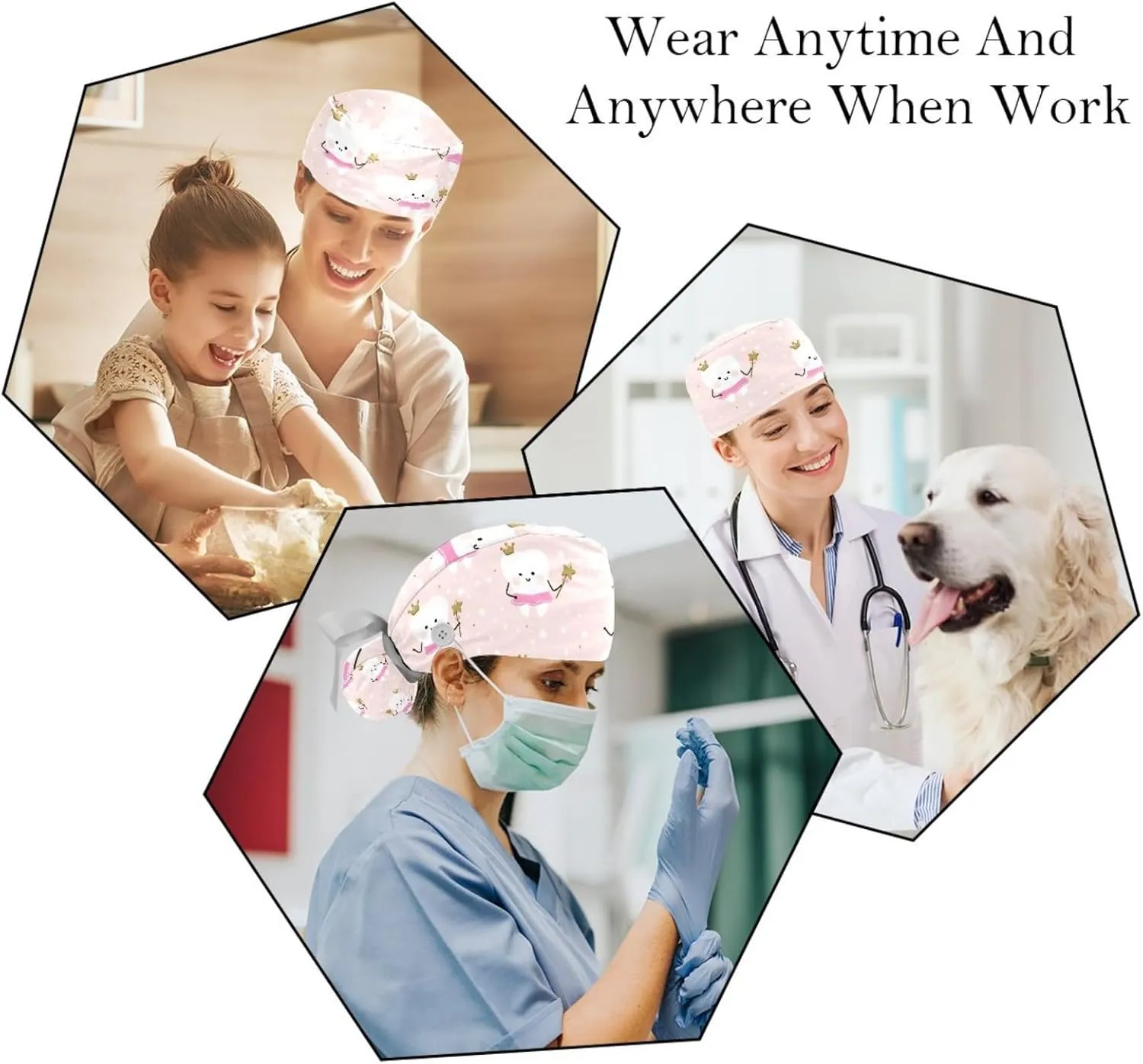Cute Teeth Pattern Working Cap with Button Long Hair Adjustable Working Hat Ponytail Holder 2 Pcs Tie Back Hats
