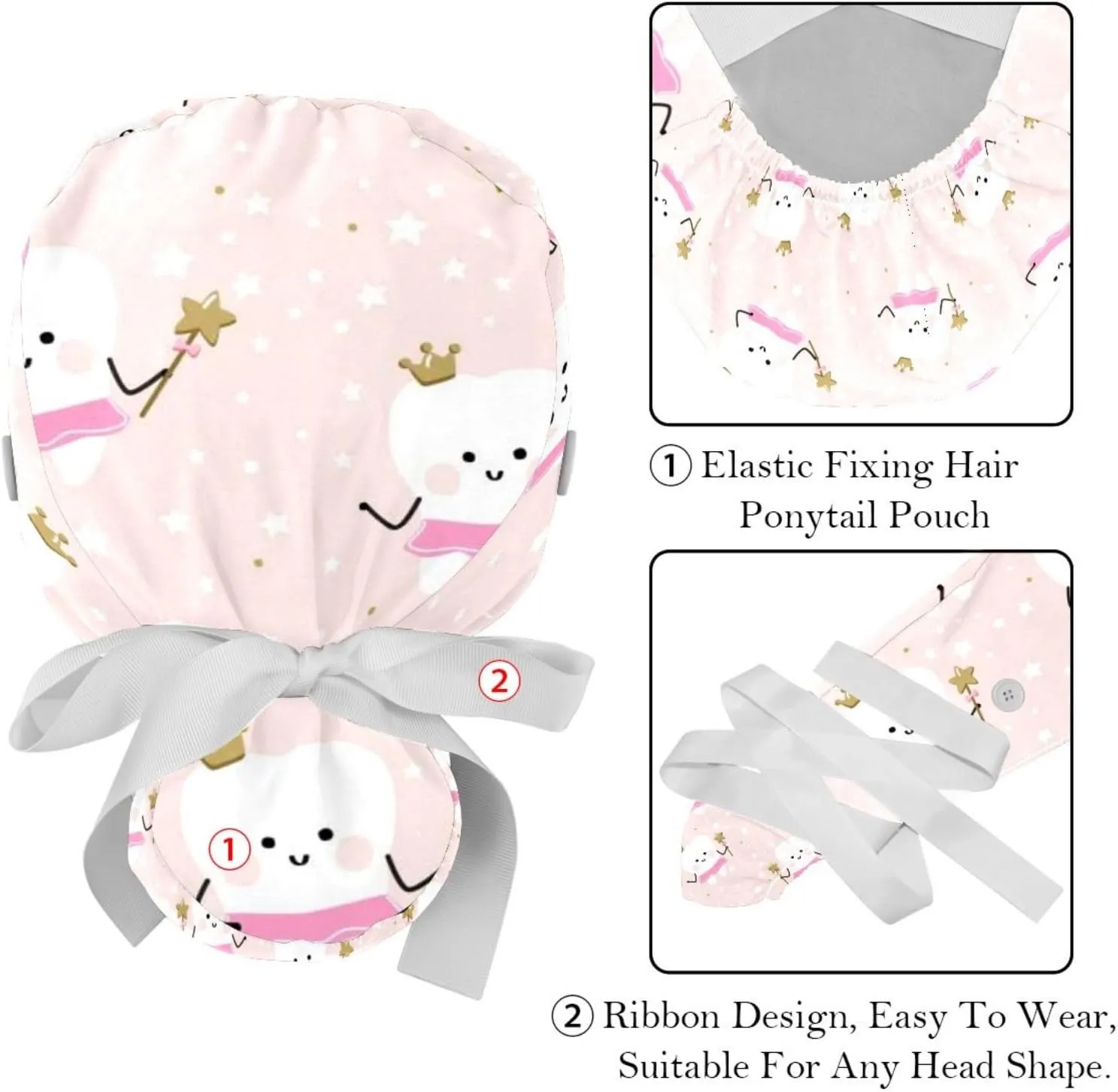 Cute Teeth Pattern Working Cap with Button Long Hair Adjustable Working Hat Ponytail Holder 2 Pcs Tie Back Hats