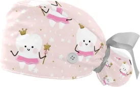Cute Teeth Pattern Working Cap with Button Long Hair Adjustable Working Hat Ponytail Holder 2 Pcs Tie Back Hats