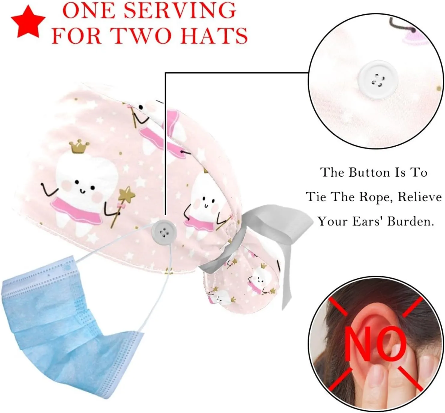 Cute Teeth Pattern Working Cap with Button Long Hair Adjustable Working Hat Ponytail Holder 2 Pcs Tie Back Hats