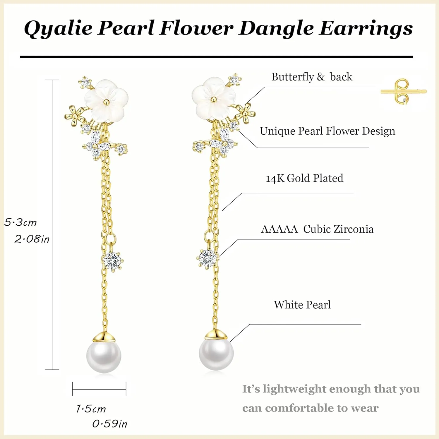 Dangle Pearl Drop Earrings For Women Trendy Long Threader Chain Dainty Flower Wedding Earrings For Brides CZ Cute 14K Gold Statement Sparkly Jewelry