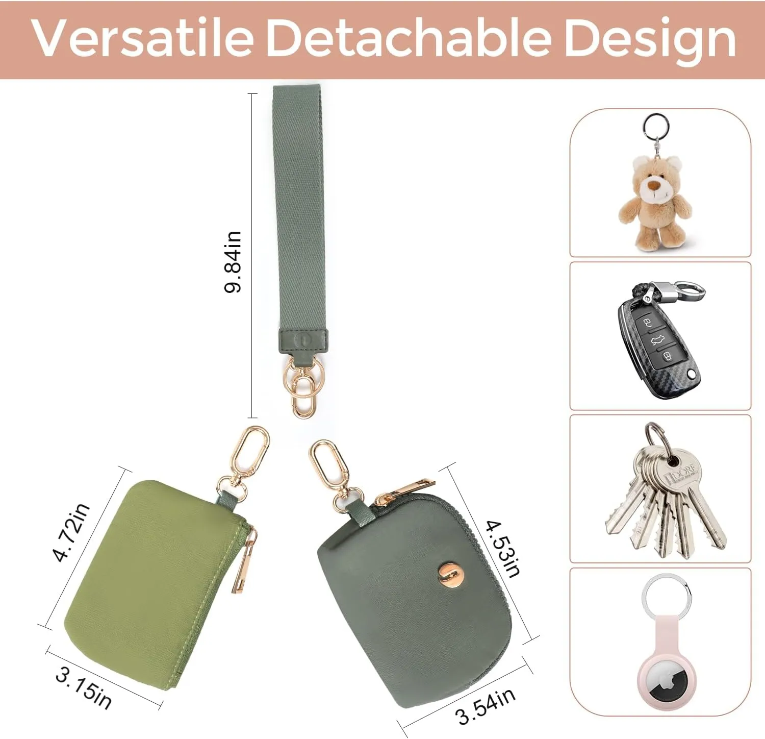 Dual Pouch Wristlet Keychain Wallets for Women with 2 Detachable Zipper Coin Purse - Small and Portable Mini Card Wallet for Women Men Gold Hardware Green Dark Green