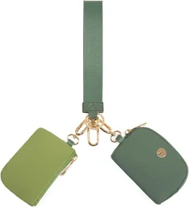 Dual Pouch Wristlet Keychain Wallets for Women with 2 Detachable Zipper Coin Purse - Small and Portable Mini Card Wallet for Women Men Gold Hardware Green Dark Green
