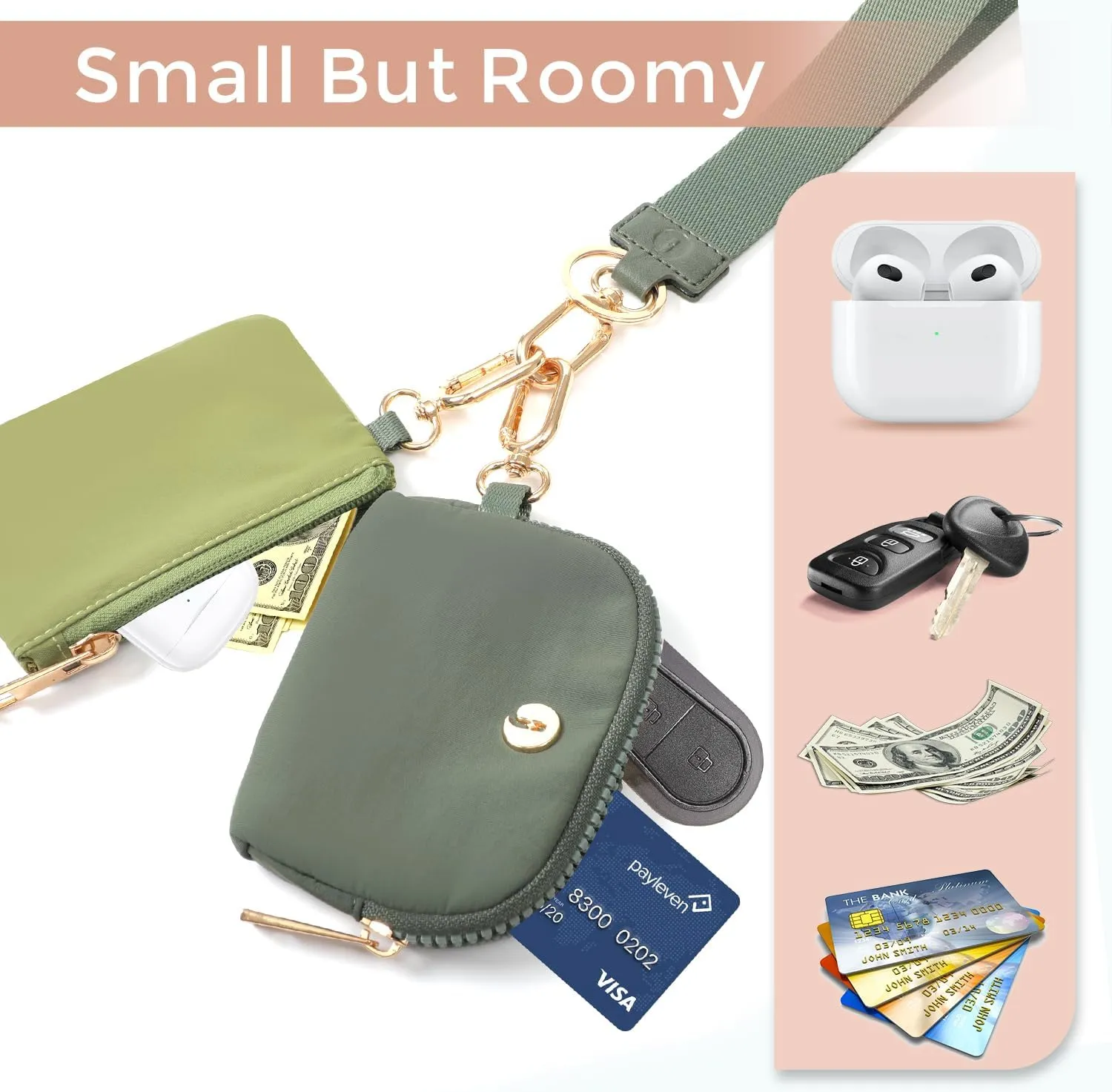 Dual Pouch Wristlet Keychain Wallets for Women with 2 Detachable Zipper Coin Purse - Small and Portable Mini Card Wallet for Women Men Gold Hardware Green Dark Green