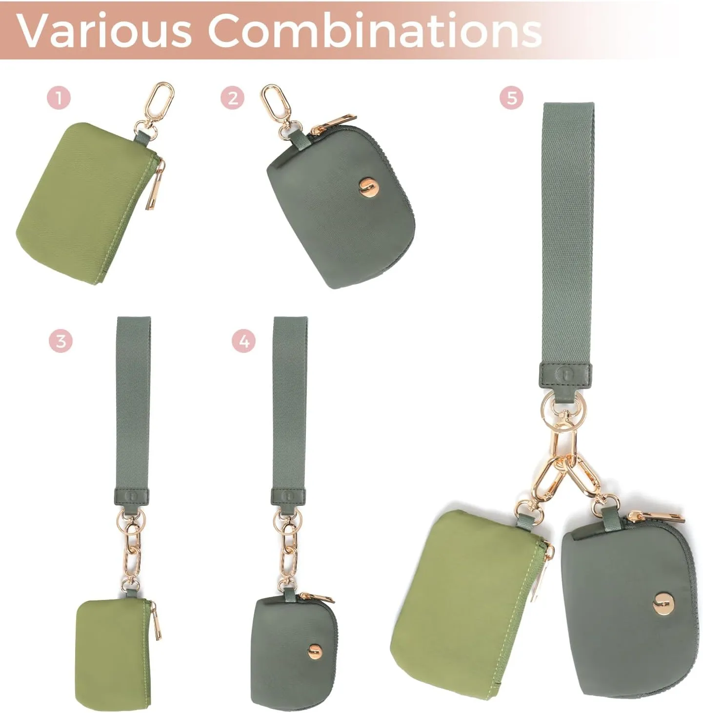 Dual Pouch Wristlet Keychain Wallets for Women with 2 Detachable Zipper Coin Purse - Small and Portable Mini Card Wallet for Women Men Gold Hardware Green Dark Green
