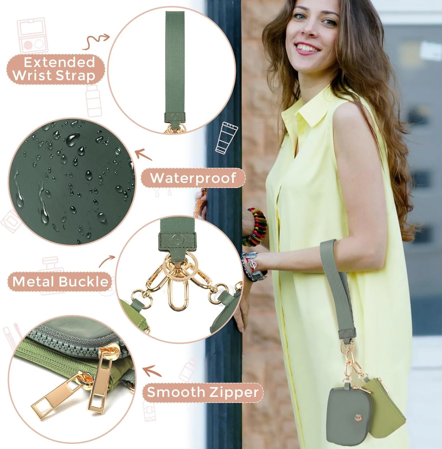 Dual Pouch Wristlet Keychain Wallets for Women with 2 Detachable Zipper Coin Purse - Small and Portable Mini Card Wallet for Women Men Gold Hardware Green Dark Green