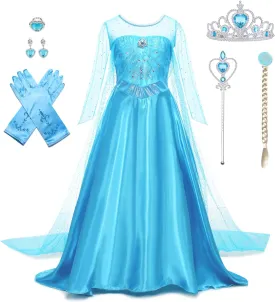 Elsa Dress for Girls Princess Dress Up Halloween Cosplay Elsa Costume Fancy Dress Birthday Outfit with Accessories