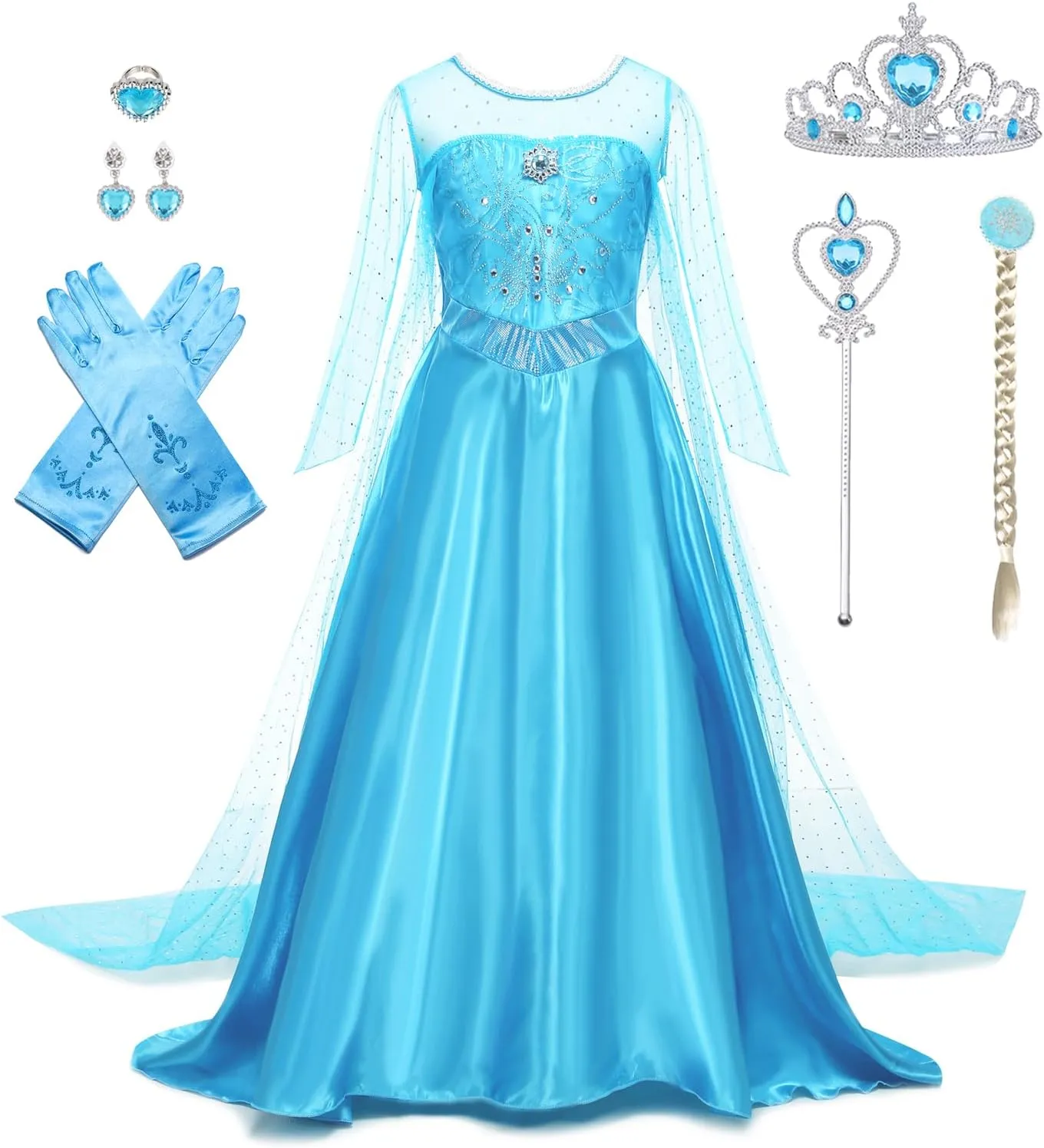 Elsa Dress for Girls Princess Dress Up Halloween Cosplay Elsa Costume Fancy Dress Birthday Outfit with Accessories
