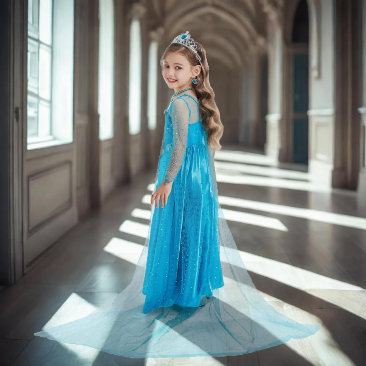Elsa Dress for Girls Princess Dress Up Halloween Cosplay Elsa Costume Fancy Dress Birthday Outfit with Accessories