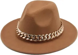 Fedora Hats Women Men Wide Brim Thick Gold Chain Band Felted Hat Jazz Cap Panama Hat Khaki 60-62cm(XL)