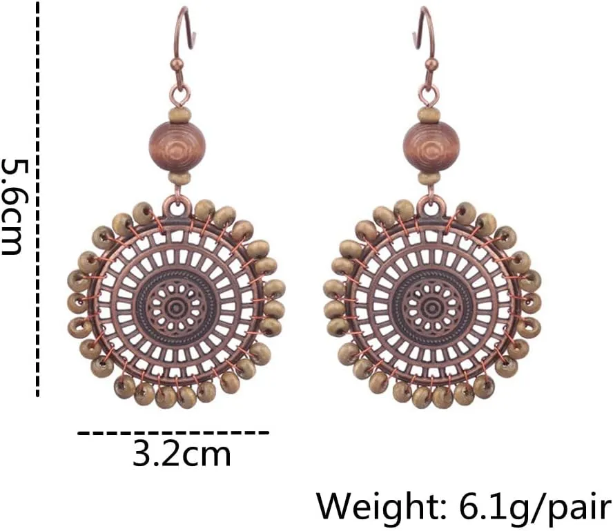 Handmade Natural Wooden Beaded Dangle Drop Earrings for Women Bohemian Geometric Tassel Earrings Circle Hoop Ear Ethnic Boho Jewelry