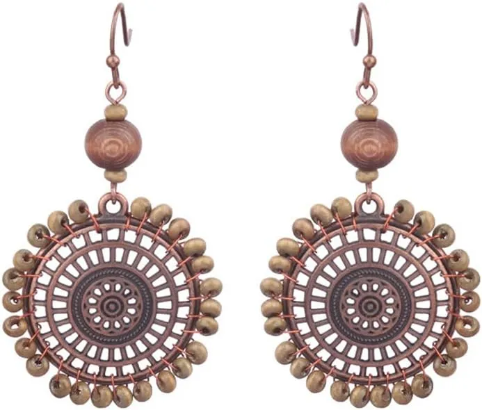 Handmade Natural Wooden Beaded Dangle Drop Earrings for Women Bohemian Geometric Tassel Earrings Circle Hoop Ear Ethnic Boho Jewelry