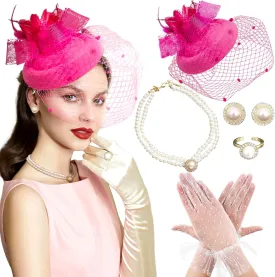 Hot Pink Fascinators Hats for Women Tea Party Hat with Veil Lace Gloves Pearl Necklace Earrings Choker for Vintage Wedding Bridal Shower Birthday Tea Party