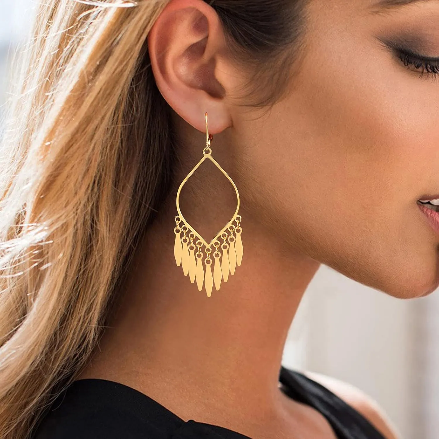 Indian Earrings For Women, Chandelier Earrings, Boho Feather Gold Tassel Dangling Bollywood Leaf Dangle Large Statement Bohemian Jewelry Mexican Long Drop Black Earrings With Lever Backs