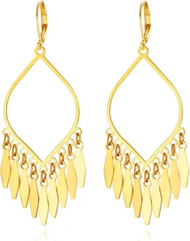 Indian Earrings For Women, Chandelier Earrings, Boho Feather Gold Tassel Dangling Bollywood Leaf Dangle Large Statement Bohemian Jewelry Mexican Long Drop Black Earrings With Lever Backs