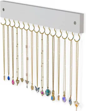 Lolalet Wooden Necklace Holder for Wall with 15 Hooks, Necklaces Hanger Easy Install Wall Mount Necklace Organizer, Jewelry Hangers for Chains, Bracelets, Earrings -Goldwhite