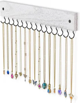 Lolalet Wooden Necklace Holder for Wall with 15 Hooks, Necklaces Hanger Easy Install Wall Mount Necklace Organizer, Jewelry Hangers for Chains, Bracelets, Earrings -Vintage