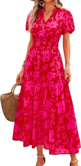 MASCOMODA Summer Maxi Dresses for Women 2025 Casual V Neck Puff Short Sleeve Smocked Flowy Beach Boho Long Floral Dress