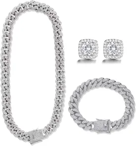 Mens Chains Diamond Cuban Link Chain Necklace Bracelets Set for Men Women Bling Bling Hip Hop Jewelry