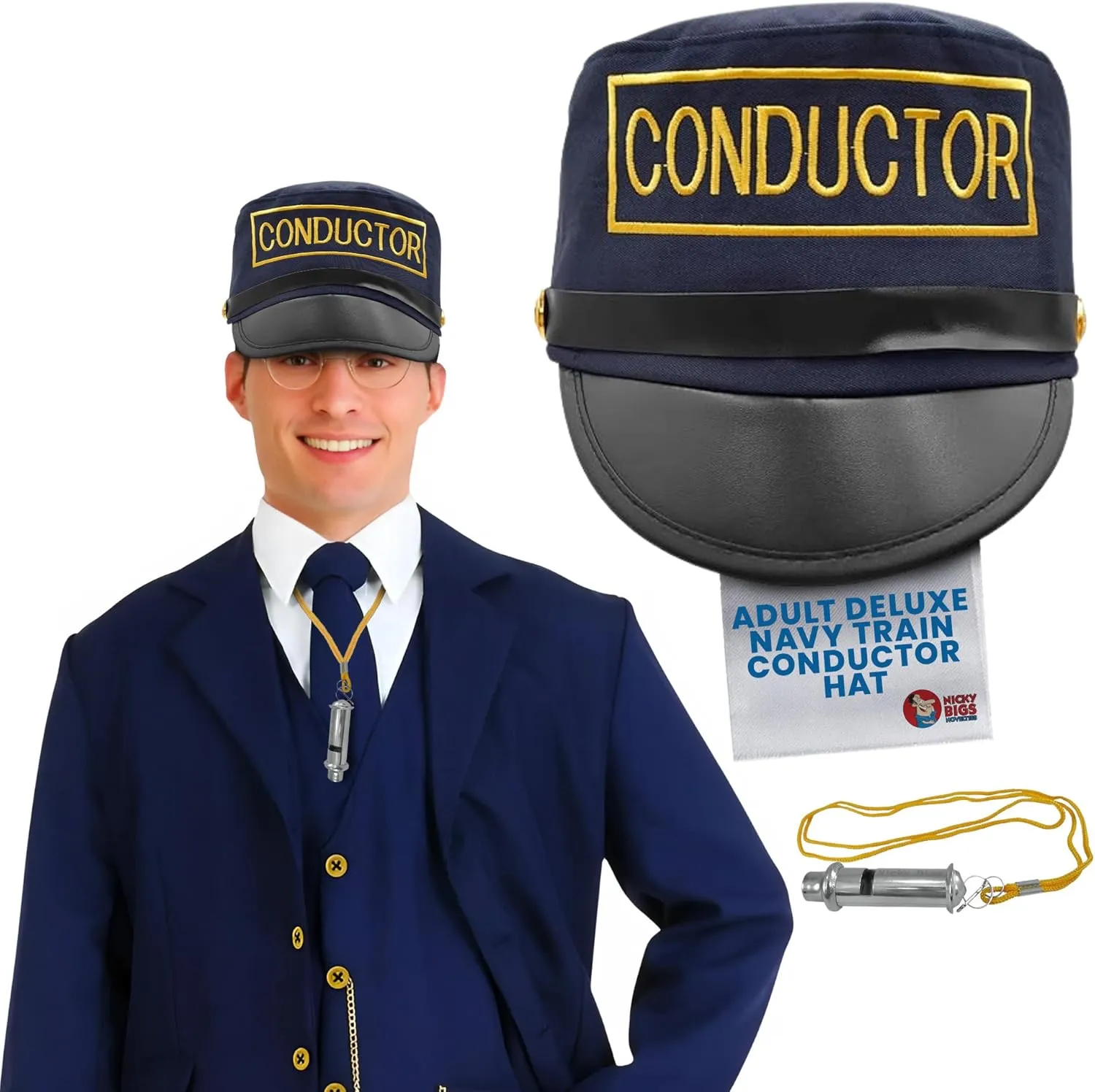 Nicky Bigs Novelties Adult Deluxe Navy Train Conductor Hat and Train Whisle - Locomotive Engineer Hat - Conductor Costume Accessory Costume Cosplay - Navy Blue Gold, One Size