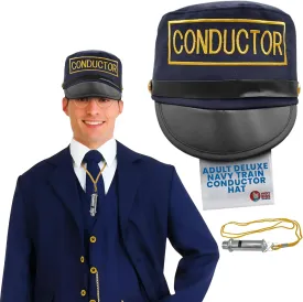 Nicky Bigs Novelties Adult Deluxe Navy Train Conductor Hat and Train Whisle - Locomotive Engineer Hat - Conductor Costume Accessory Costume Cosplay - Navy Blue Gold, One Size