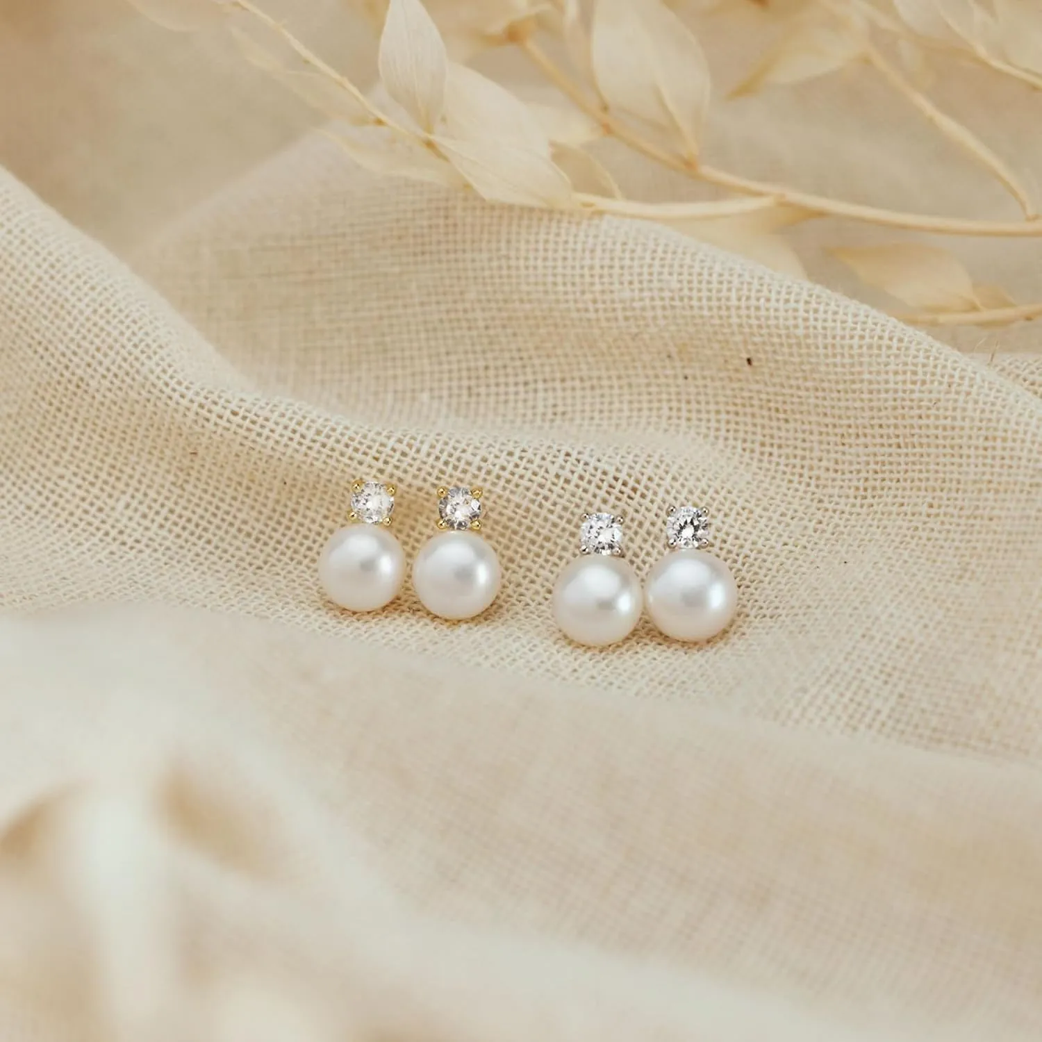 Pearl Earrings for Women-Dainty 14k Real Gold Plated Pearl Sterling Silver Post Trendy Diamond Stud Drop Earrings Bridal Wedding Jewelry