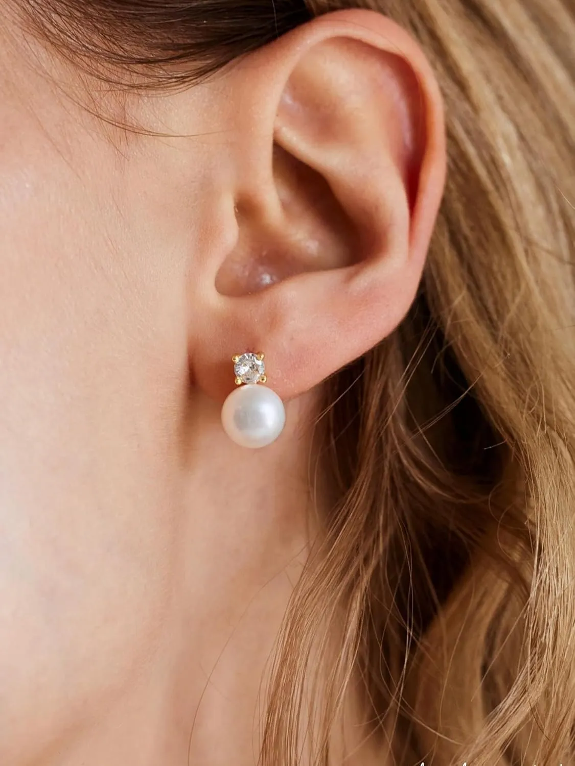 Pearl Earrings for Women-Dainty 14k Real Gold Plated Pearl Sterling Silver Post Trendy Diamond Stud Drop Earrings Bridal Wedding Jewelry