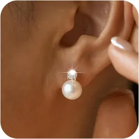 Pearl Earrings for Women-Dainty 14k Real Gold Plated Pearl Sterling Silver Post Trendy Diamond Stud Drop Earrings Bridal Wedding Jewelry