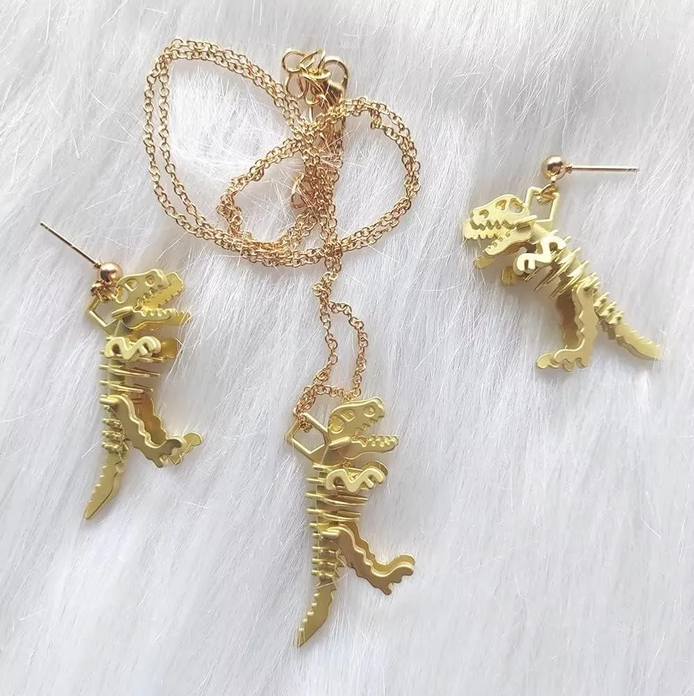 Personality Punk Skeleton Skull Earrings - Dumb Gold Dinosaur Stud Earring Charm Exaggerated Dangle Drop for Women