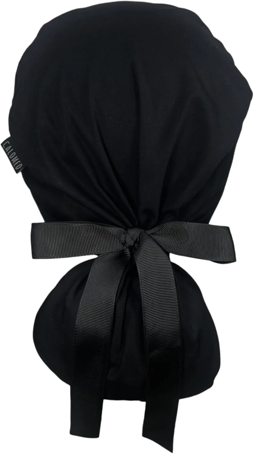 Scrub Cap for Women and Men, Ponytail Scrub Caps, Working Hat, Head Cover with Ribbon Ties and Buttons, Long Hair