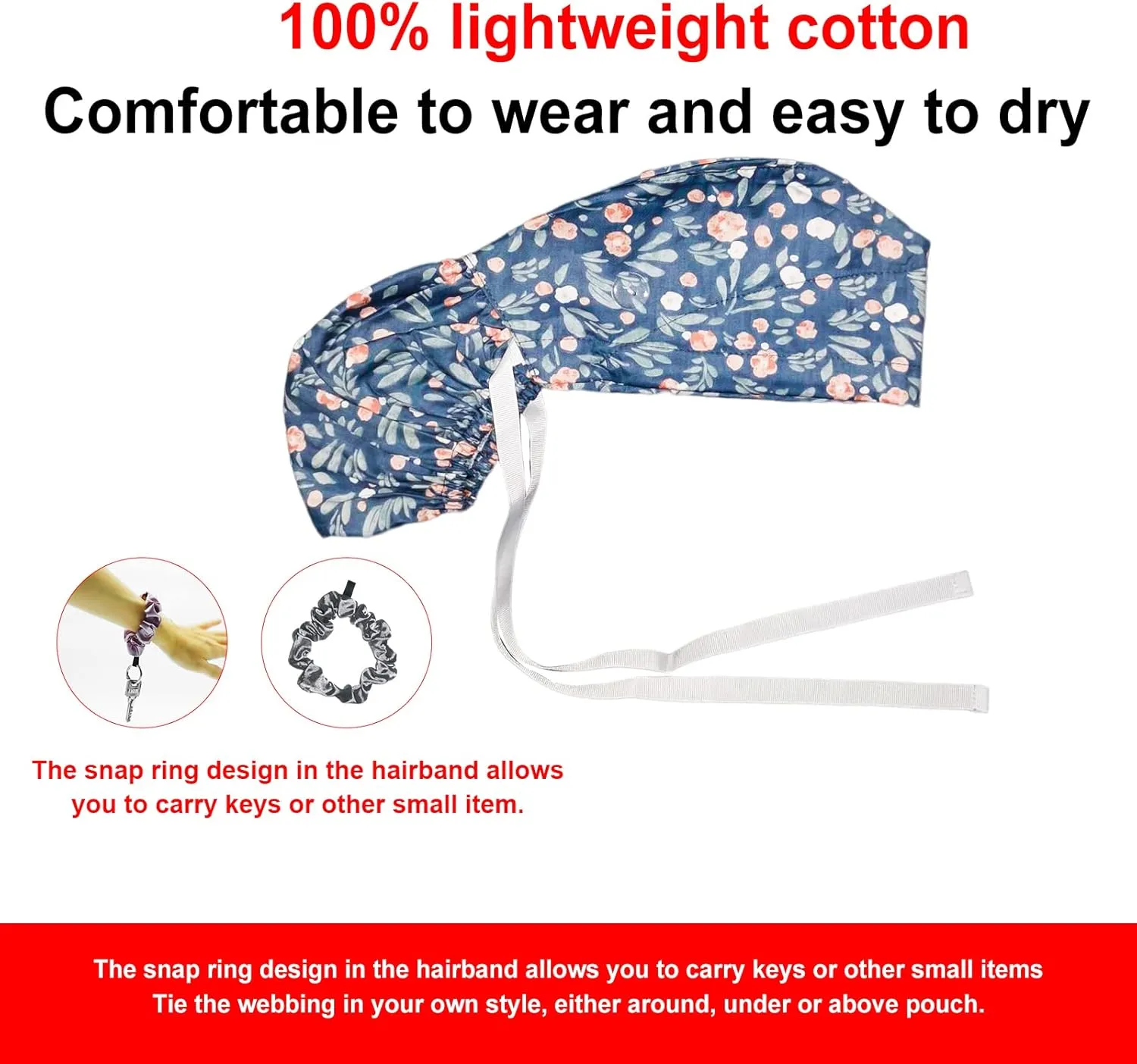 Scrub Cap with Buttons - Cotton Hat with Sweatband, Adjustable Tie Back for Ponytail (Randomly Paired with Hair Ring)