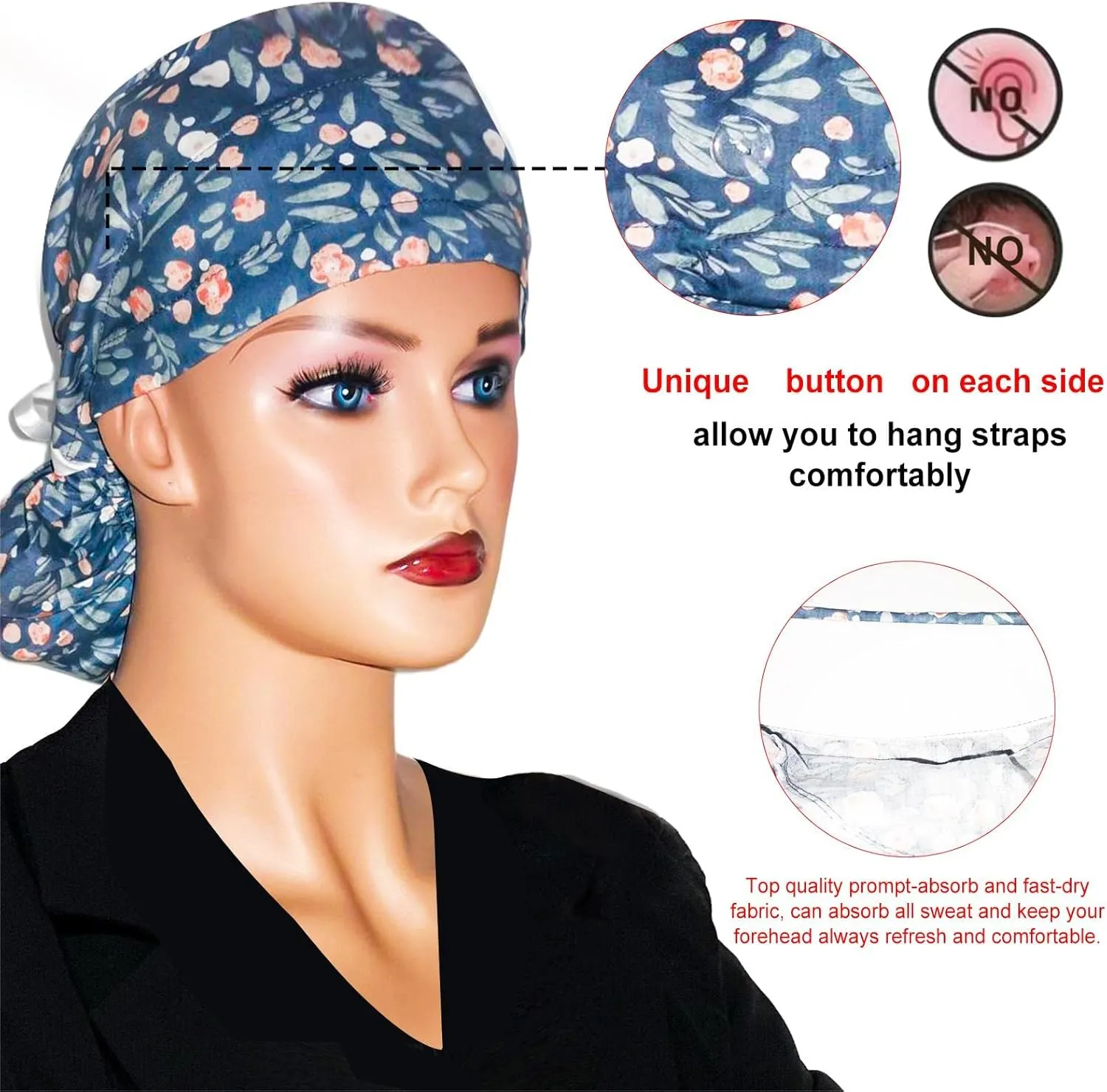 Scrub Cap with Buttons - Cotton Hat with Sweatband, Adjustable Tie Back for Ponytail (Randomly Paired with Hair Ring)