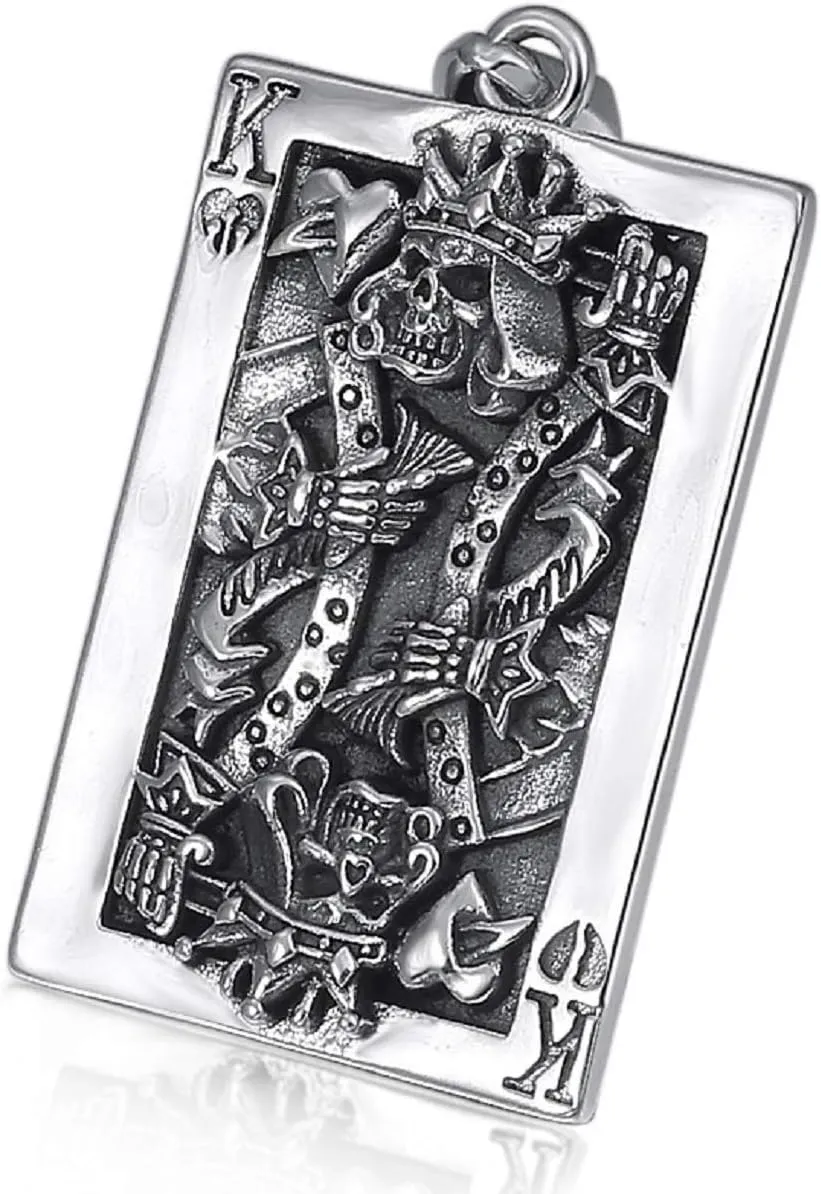 Skull King Pendant, Gothic Poker Necklace for Men, Hip Hop Playing Card Charm, King of Spades Punk Jewelry