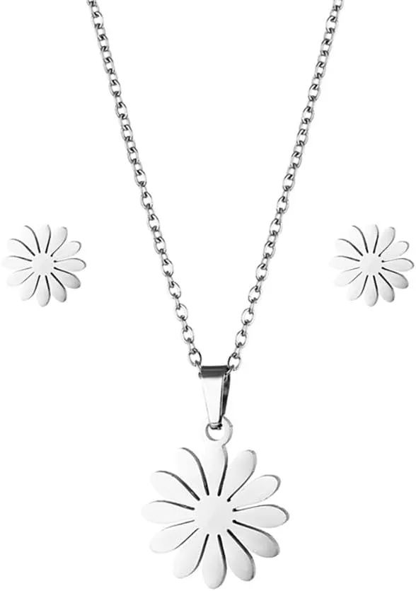 Stainless Steel Daisy Flower Pendant Necklace Stud Earrings Sets,Cute Plant Sunflower Peatal Clavicle Necklace Earrings Jewelry Set for Women Men