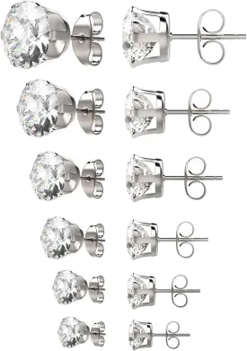 UHIBROS 6 Pairs Stainless Steel Stud Earrings Set Hypoallergenic Cubic Zirconia 14K White Gold 316L CZ Earrings