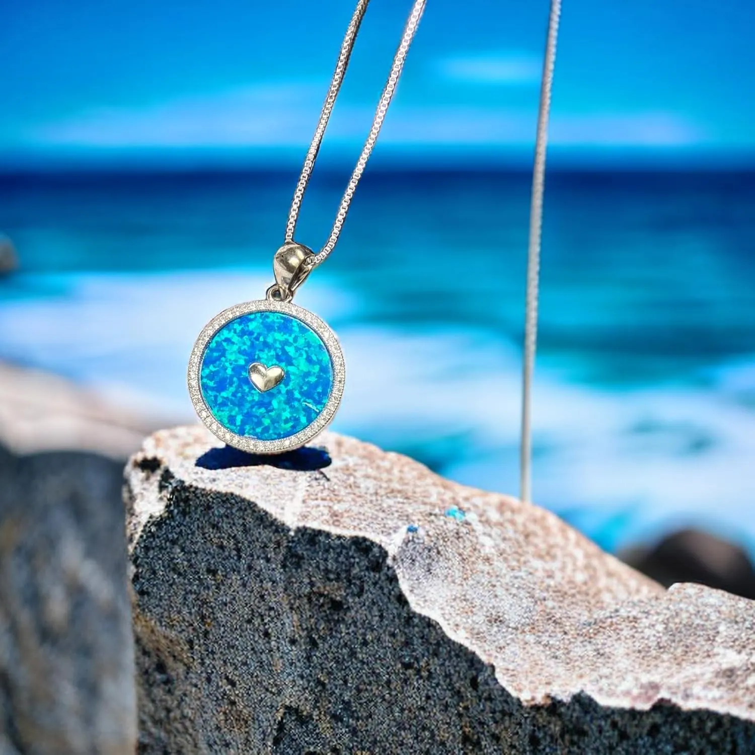 Vessantara Ocean Necklace,Blue Opal Pendant Necklace 925 Silver Sea Turtle Starfish Shark Tortoise Wave Palm Tree Beach Hawaiian Ocean Themed Jewelry Gifts for Women Daughter Wife Girl Birthstone