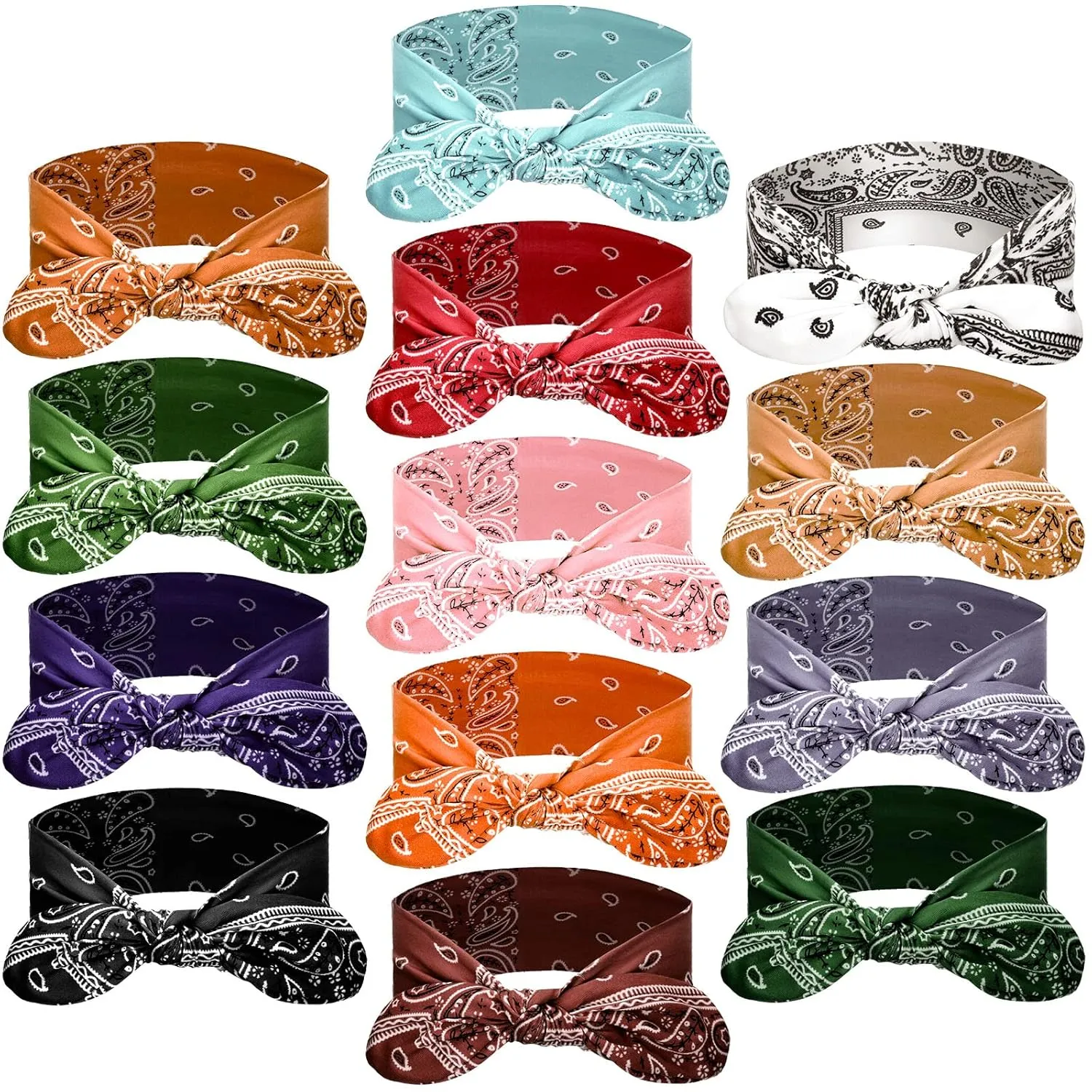 WILLBOND 13 Pieces Bandana Headband for Women Paisley Hair Bandanas Boho Bow Headbands Elastic Knot Rabbit Ear Head Wrap Cute Hair Accessories for Women 7.87x2.75 Inch(Fresh Color)