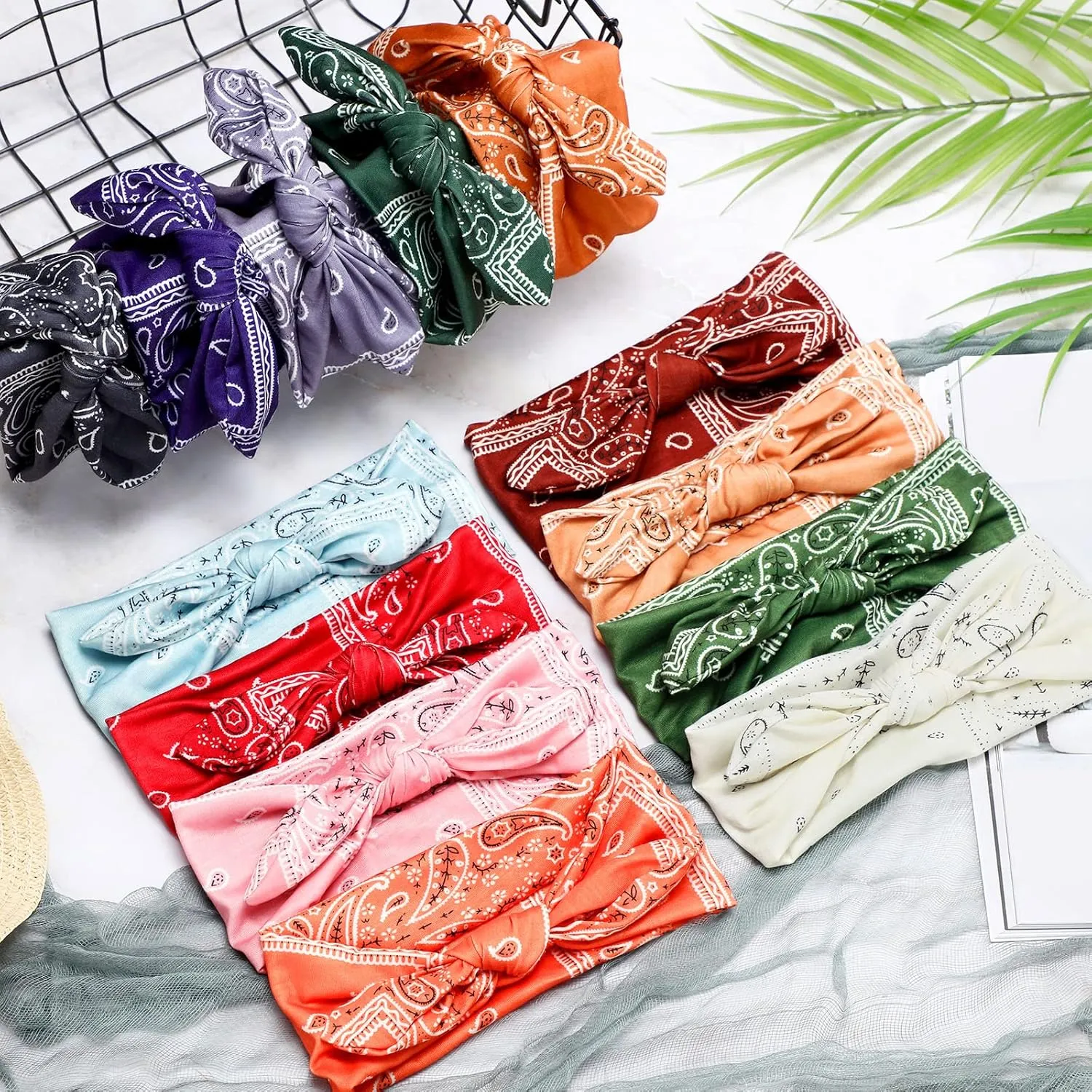 WILLBOND 13 Pieces Bandana Headband for Women Paisley Hair Bandanas Boho Bow Headbands Elastic Knot Rabbit Ear Head Wrap Cute Hair Accessories for Women 7.87x2.75 Inch(Fresh Color)