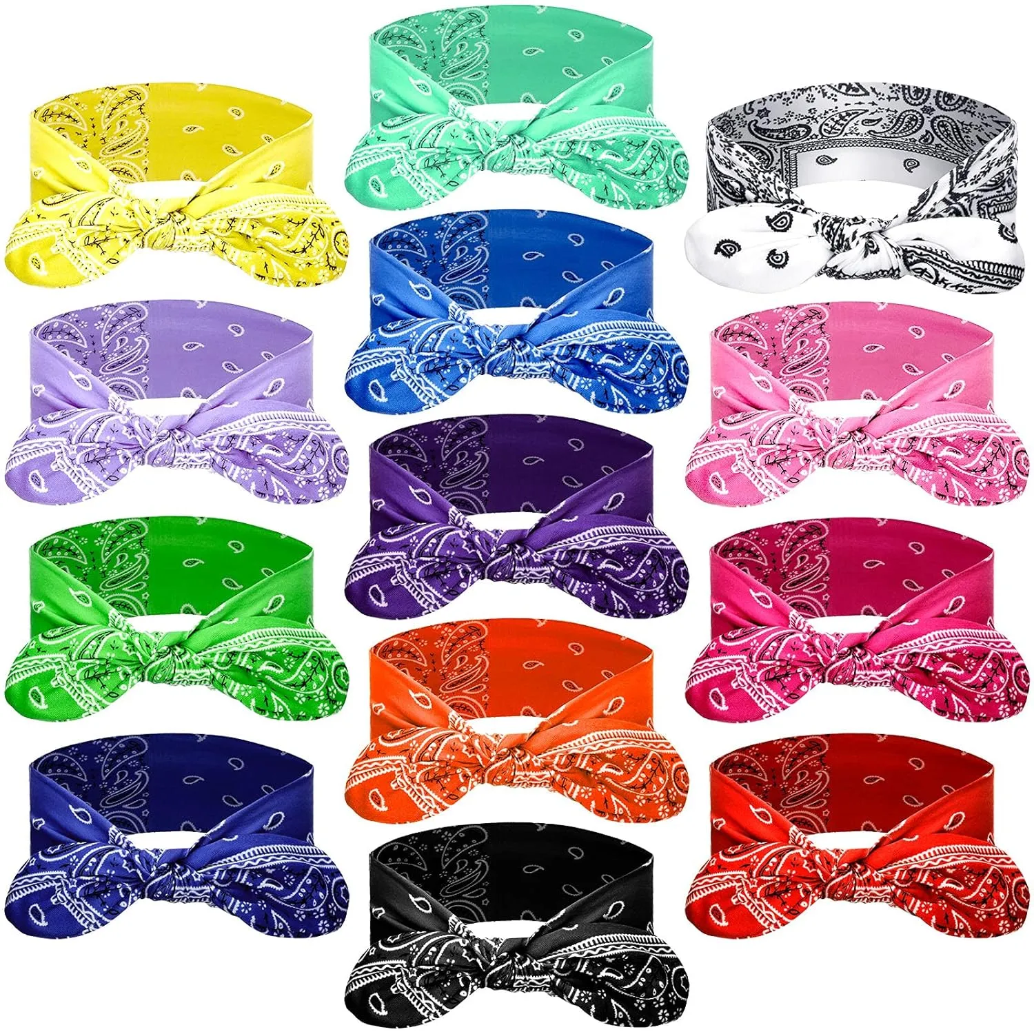 WILLBOND 13 Pieces Bandana Headband for Women Paisley Hair Bandanas Boho Bow Headbands Elastic Knot Rabbit Ear Head Wrap Cute Hair Accessories for Women 7.87x2.75 Inch(Stylish Color)