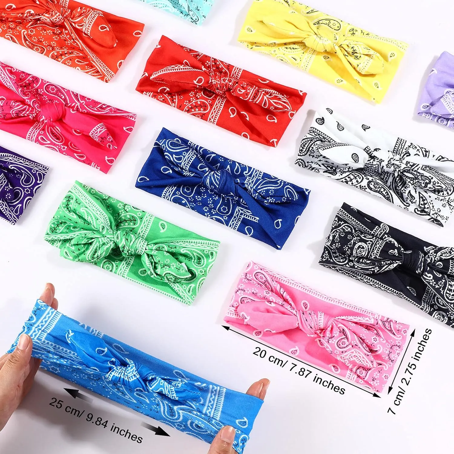 WILLBOND 13 Pieces Bandana Headband for Women Paisley Hair Bandanas Boho Bow Headbands Elastic Knot Rabbit Ear Head Wrap Cute Hair Accessories for Women 7.87x2.75 Inch(Stylish Color)