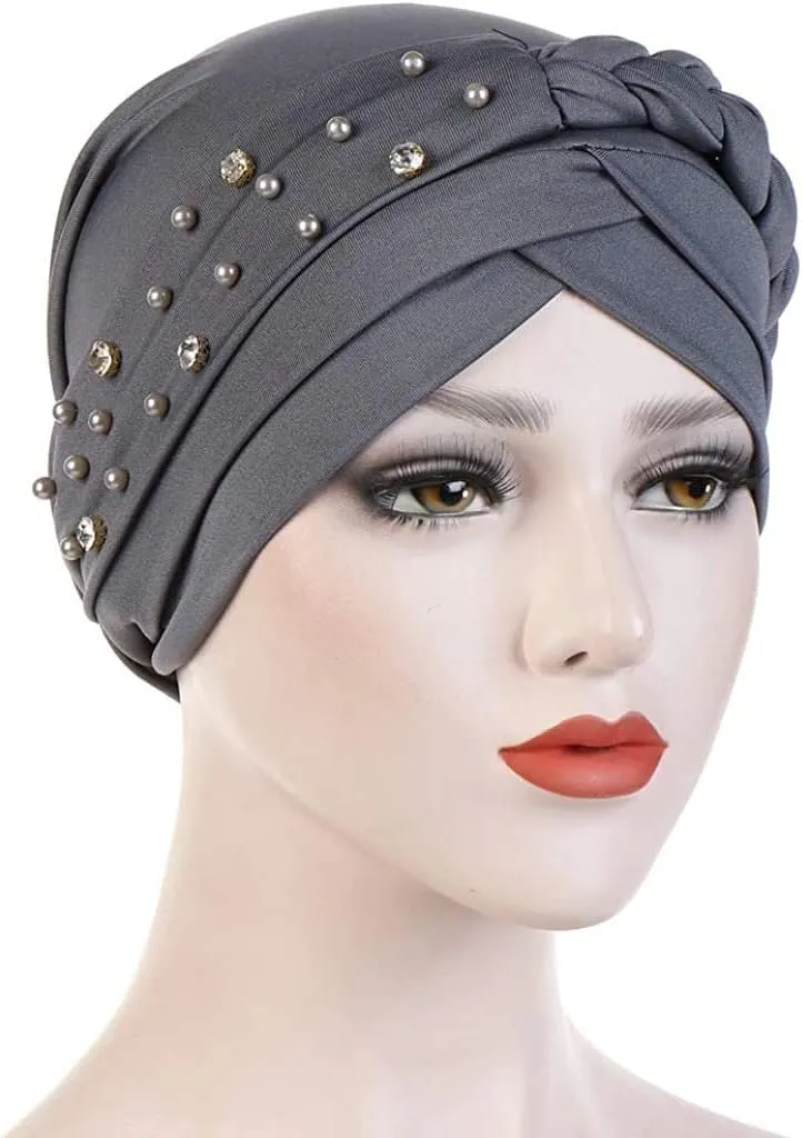 Women Girls Turban Hat, Rhinestone Pearl Braid Turban Head Wrap Baggy Slouchy Beanie Chemo Cap Headwear Hair Wrap