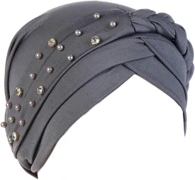 Women Girls Turban Hat, Rhinestone Pearl Braid Turban Head Wrap Baggy Slouchy Beanie Chemo Cap Headwear Hair Wrap