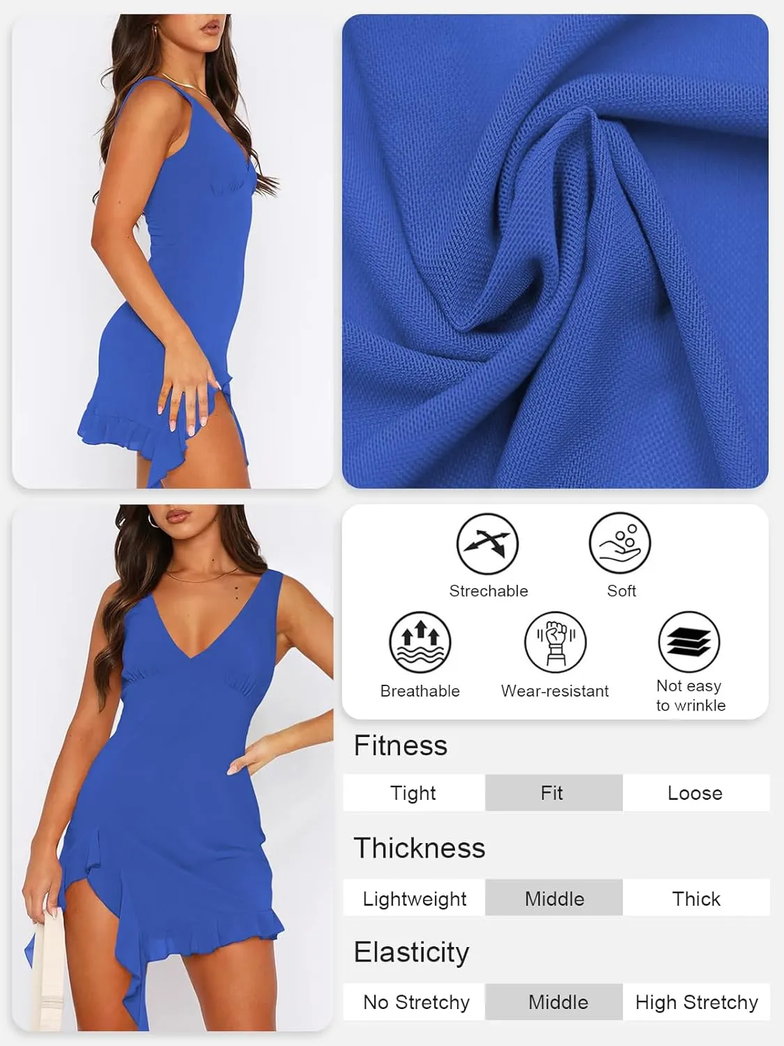 Women Sleeveless Sexy V Neck Bodycon Mini Dress Summer Side Slit Mesh Irregular Ruffle Hem Backless Short Dress
