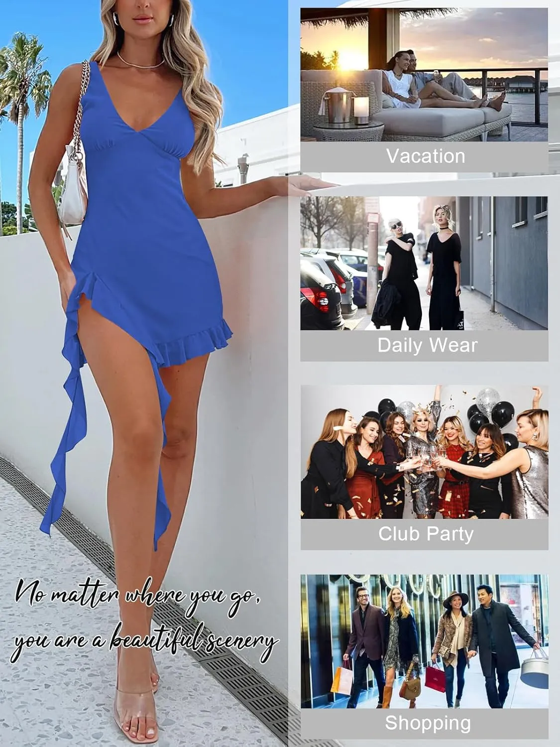 Women Sleeveless Sexy V Neck Bodycon Mini Dress Summer Side Slit Mesh Irregular Ruffle Hem Backless Short Dress
