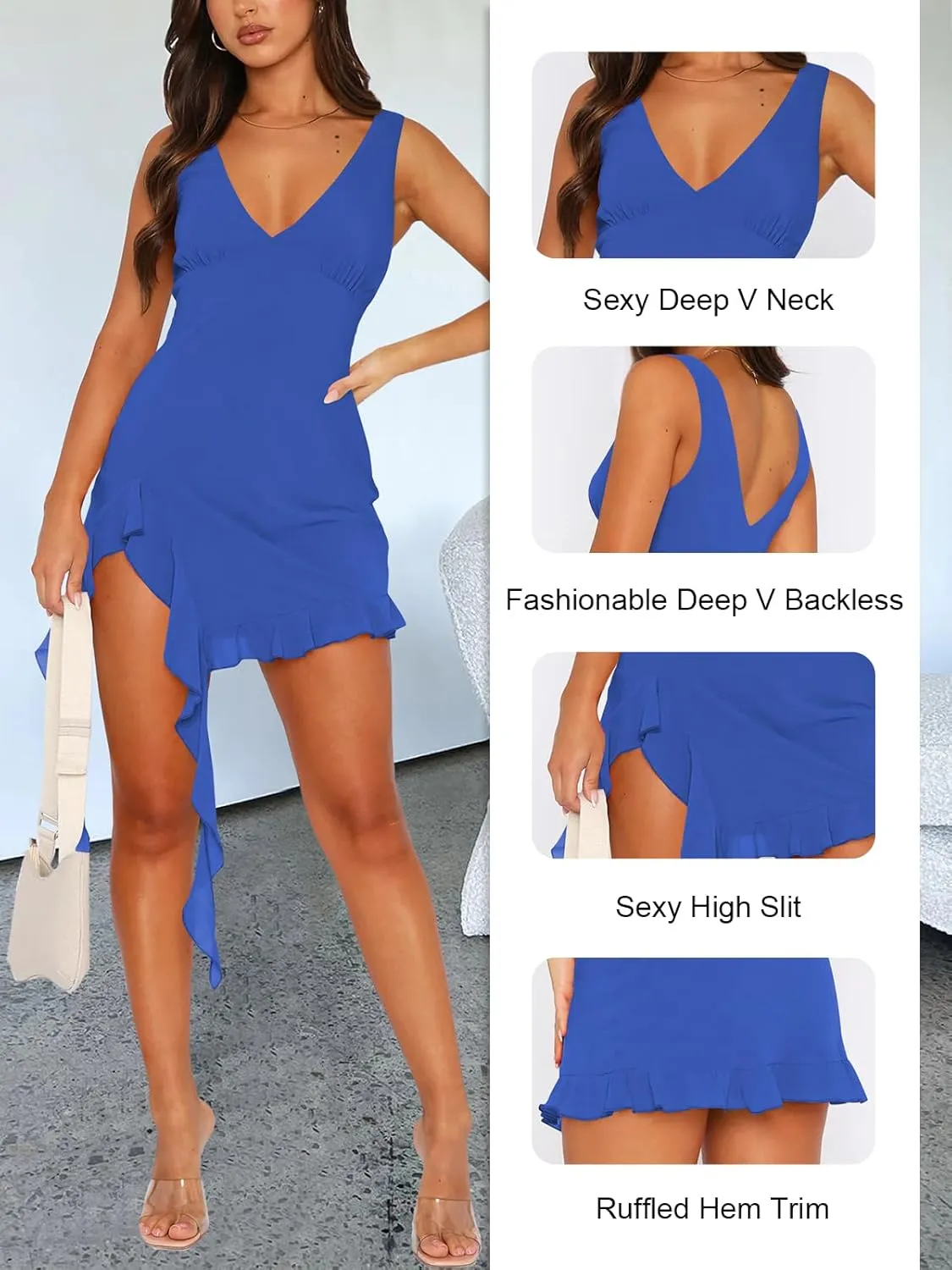 Women Sleeveless Sexy V Neck Bodycon Mini Dress Summer Side Slit Mesh Irregular Ruffle Hem Backless Short Dress