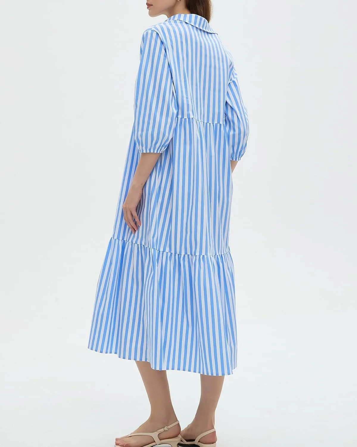 Womens Babydoll Striped Shirt Midi Dress Puff Long Sleeve Collared Button Tunic Flowy Swing Dresses